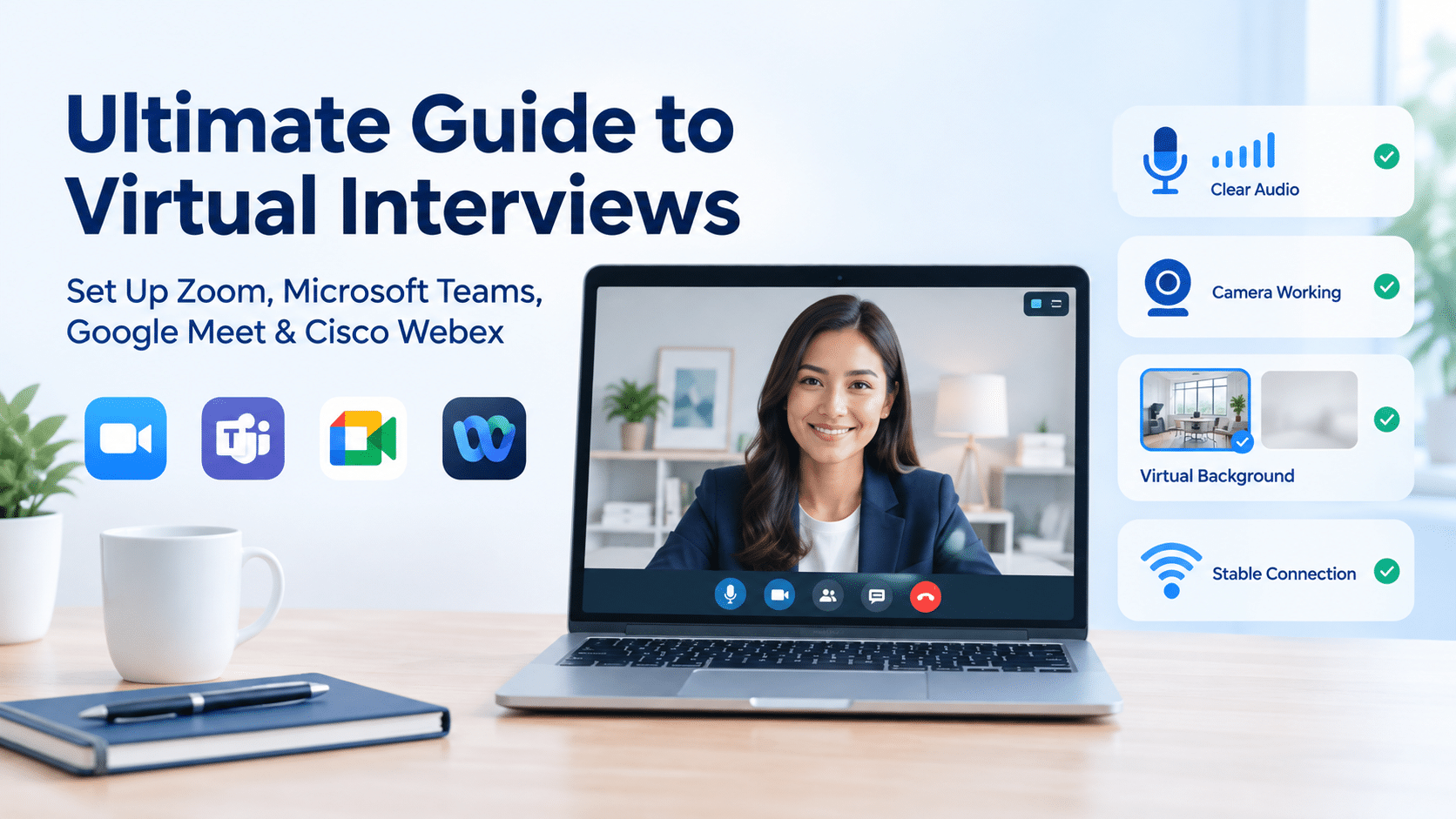 Ultimate guide as to how to set up ZOOM, Microsoft team, Google Meet and Cisco webex. TEst your audio and camera and set up virtual background