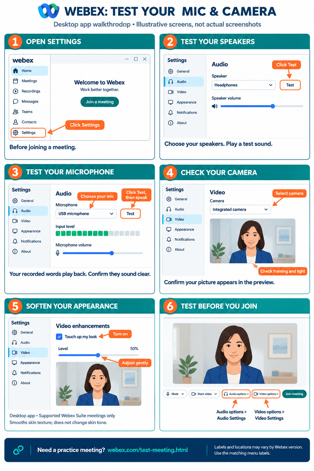 Illustration showing how to test your audio and video setting and touch up your appearance in Cisco Webex