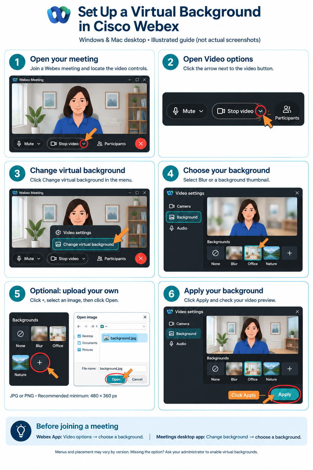 step by step illustration as to how to set up virtual background in Cisco webex