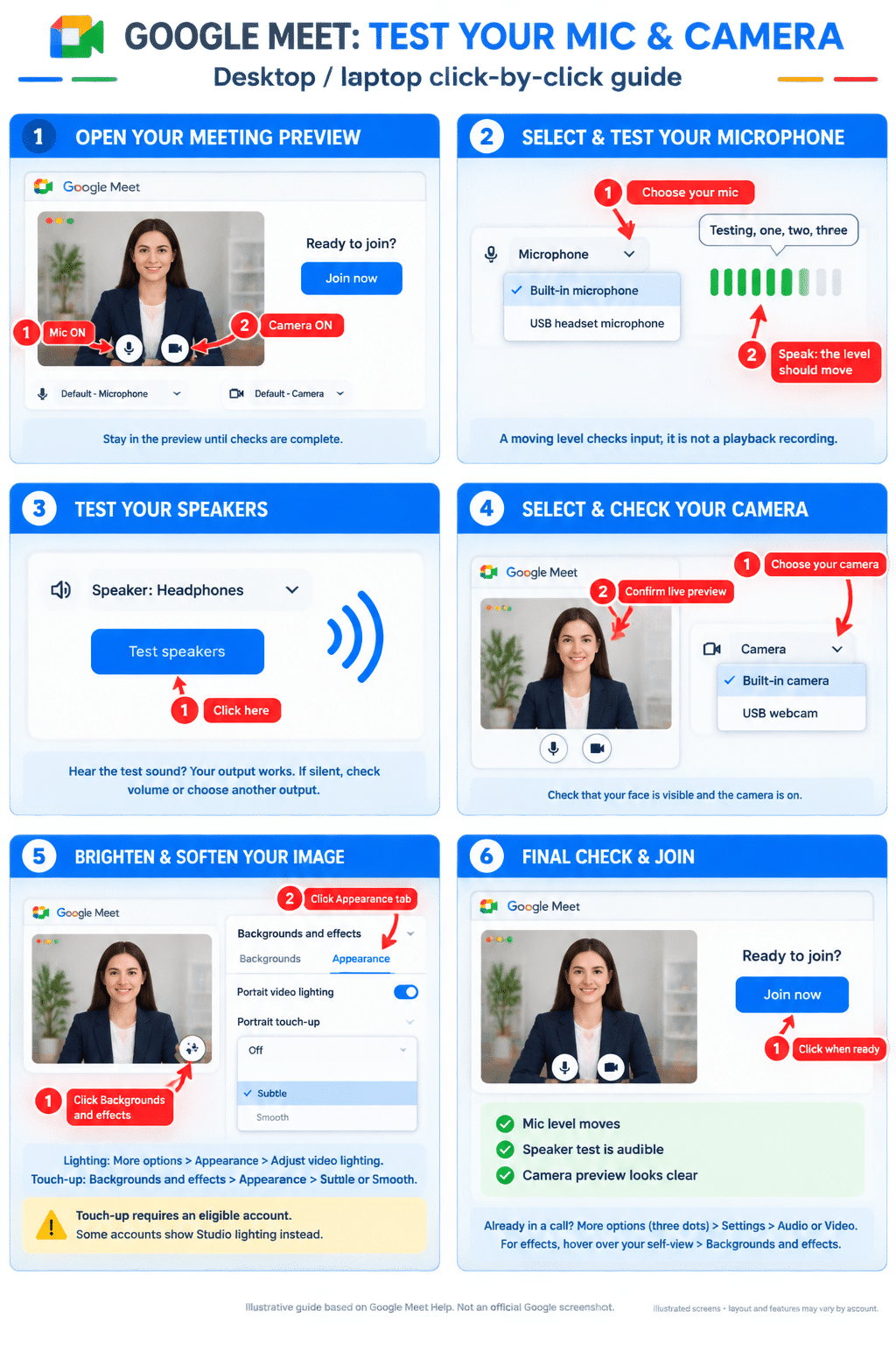 Illustration showing how to test your audio and video setting and touch up your appearance in Google meet