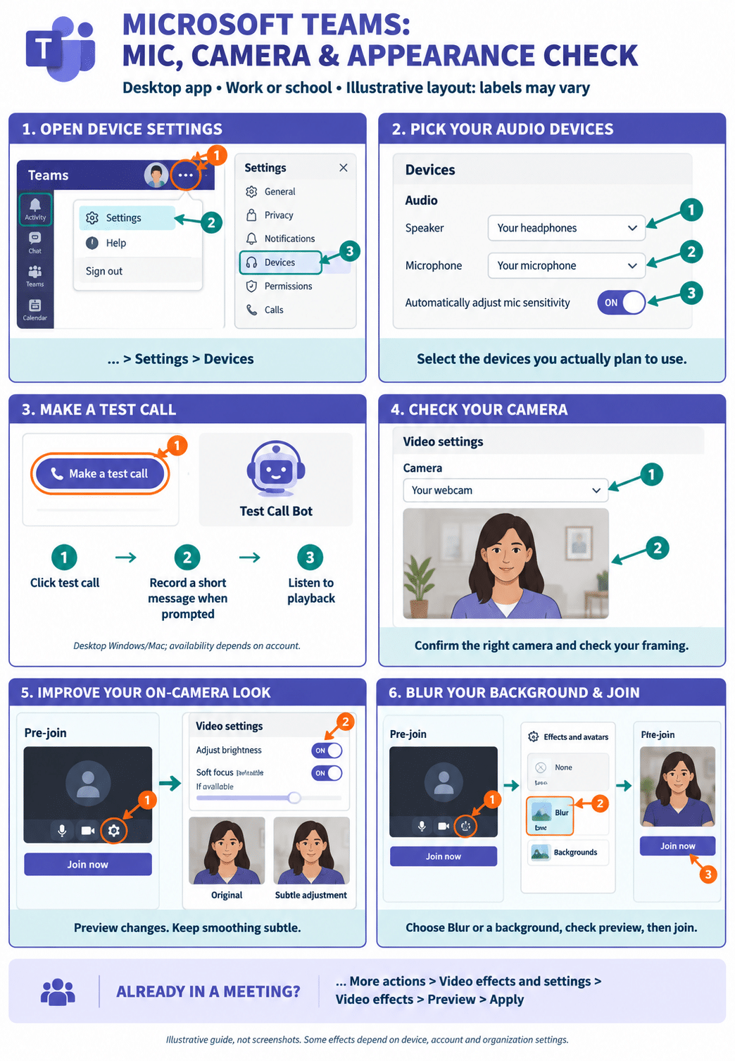 Illustration as to how to test audio and video in microsoft teams and touch up your appearance
