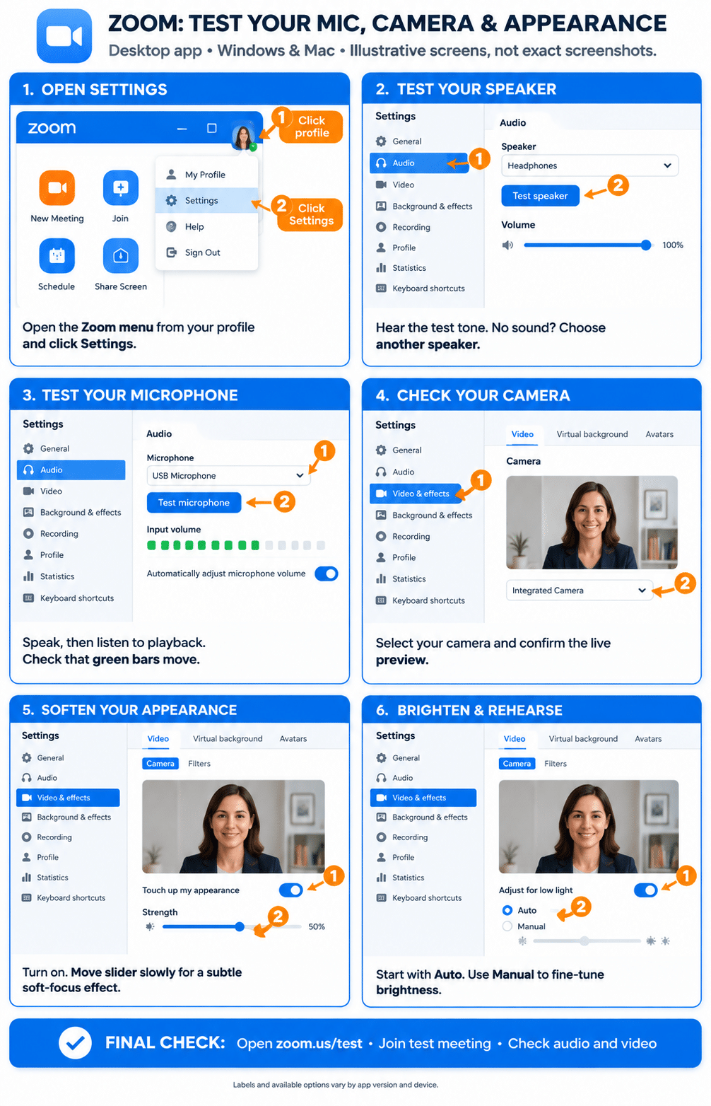 Illustration as to how to test your audio and video settings and touch up your appearance in zoom