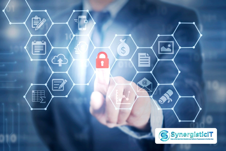 Scala Interview Questions And Answers Digital network icons and data security representing Scala interview preparation and IT skill enhancement.