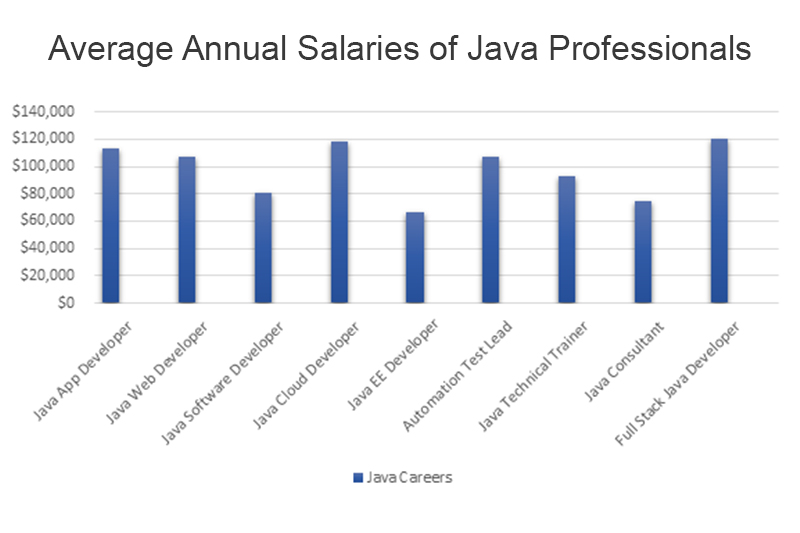 Bar graph illustrating average annual salaries for Java careers, including Java App Developer, Web Developer,