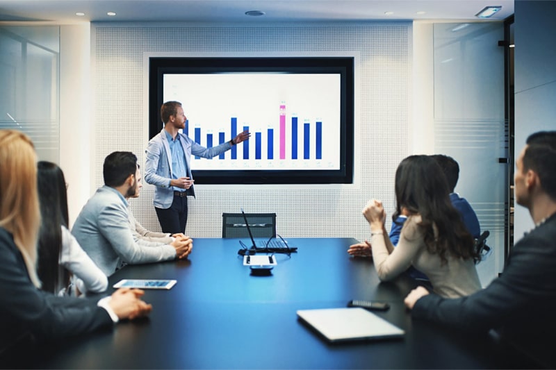 Man presenting data science training chart to group of professionals in a conference room.