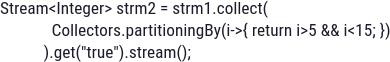 Java SE 17 code snippet illustrating streams and partitioning for certification preparation