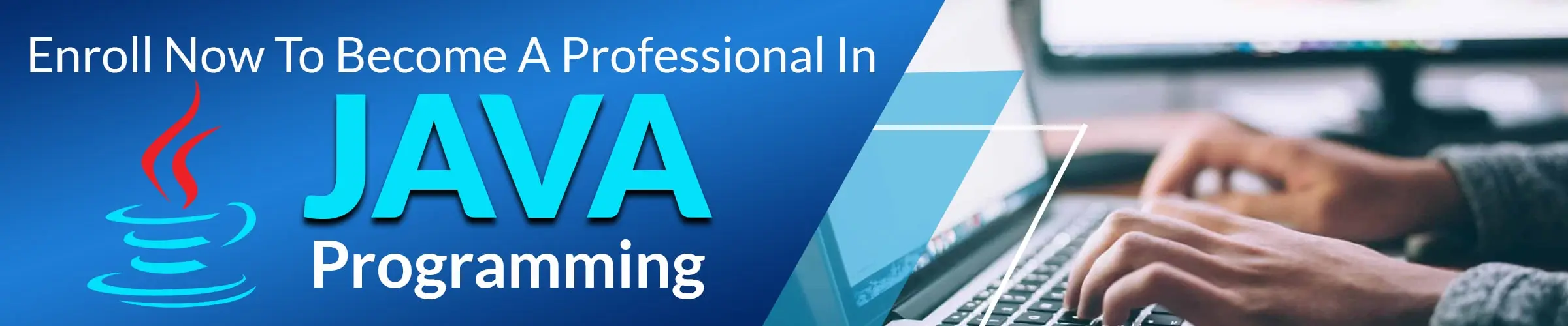 Java programming training banner with Java logo and laptop illustrating professional development.