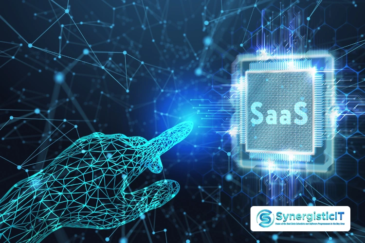 Digital network and cloud computing illustration representing SaaS technology and SynergisticIT expertise.