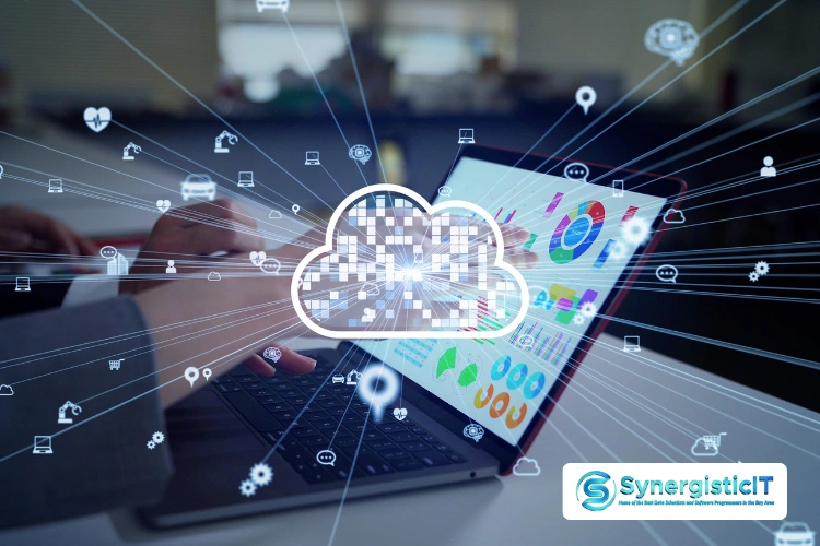 Cloud infrastructure management and SaaS deployment strategies visualized on laptop screen.