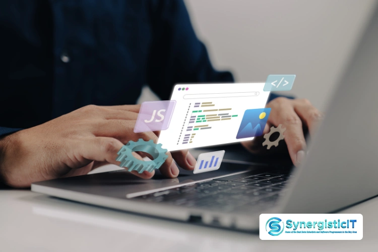 JavaScript code snippets and icons floating above laptop illustrating technical interview preparation.