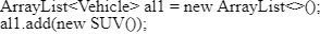 Java code snippet illustrating ArrayList and object-oriented programming concepts.