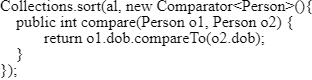 Java code snippet illustrating sorting with Comparator and date comparison for certification practice.