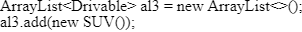 Java code snippet illustrating ArrayList and object creation for developer practice test.