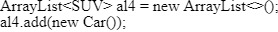 Java code snippet illustrating Array Lists and object instantiation for developer practice test.