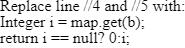 Java code snippet illustrating integer mapping and null handling for developer practice test.
