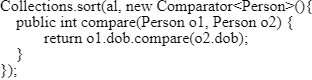 Java code snippet illustrating sorting with Comparator and Person objects for 1Z0-829 certification practice.