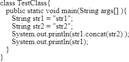 Java code snippet illustrating string concatenation and object-oriented programming concepts.