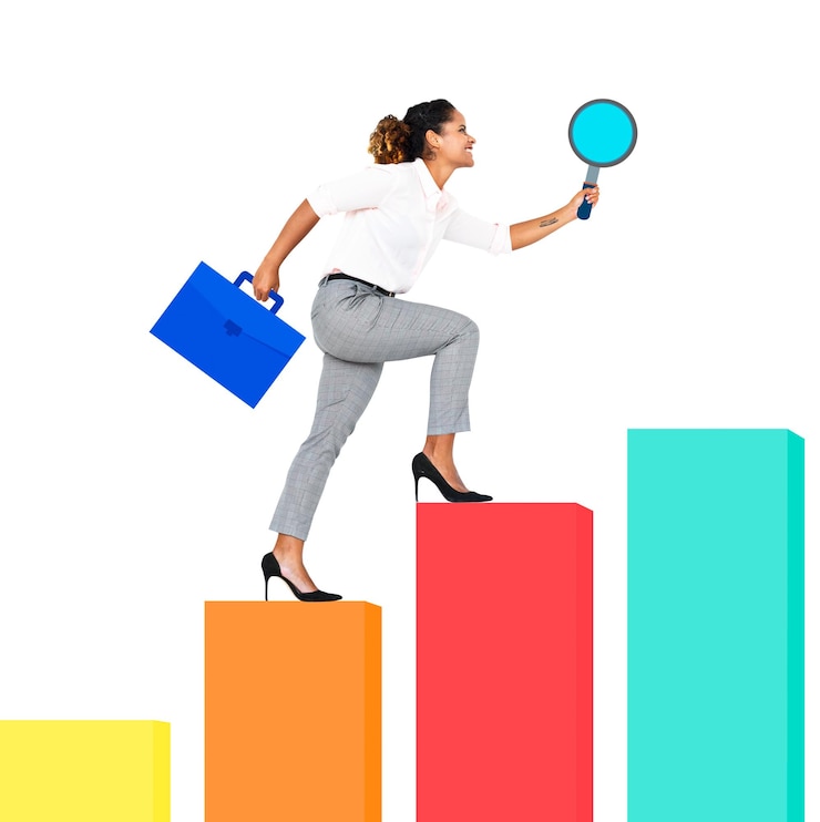 Woman climbing steps with briefcase, illustrating career development planning and goal setting.