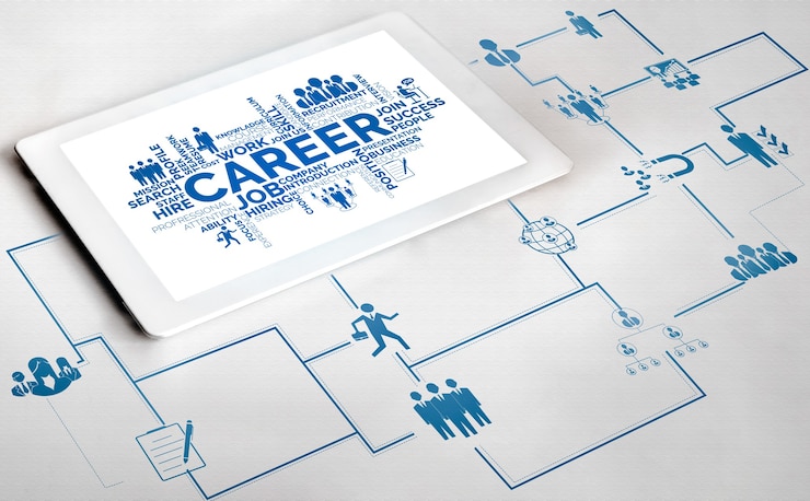 Tablet displaying career growth network and challenges in the tech industry.