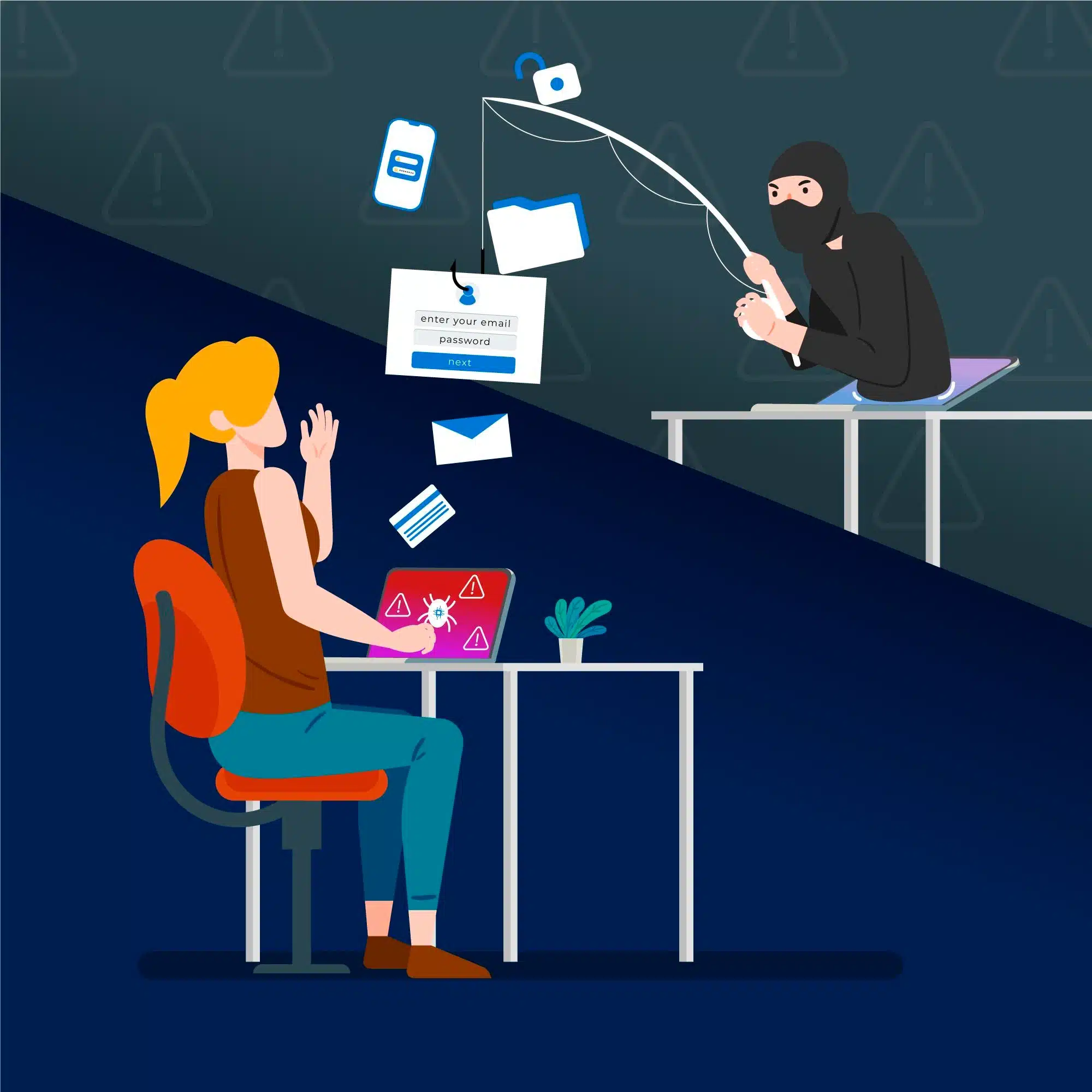 Hiring fraud illustration: person at desk unaware of phishing scam and data breach risk.