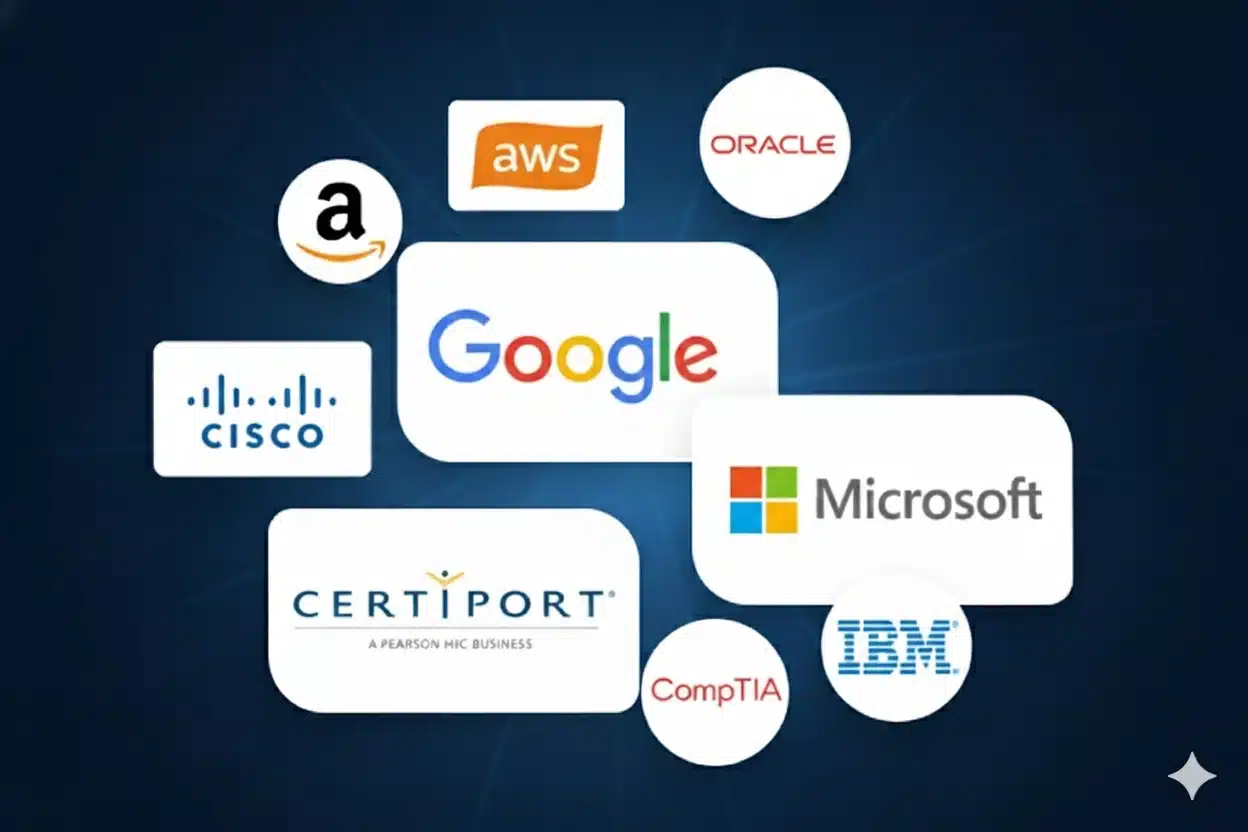 Technology certifications and partnerships including AWS, Google, Microsoft, Oracle, Cisco, IBM, and Pearson.