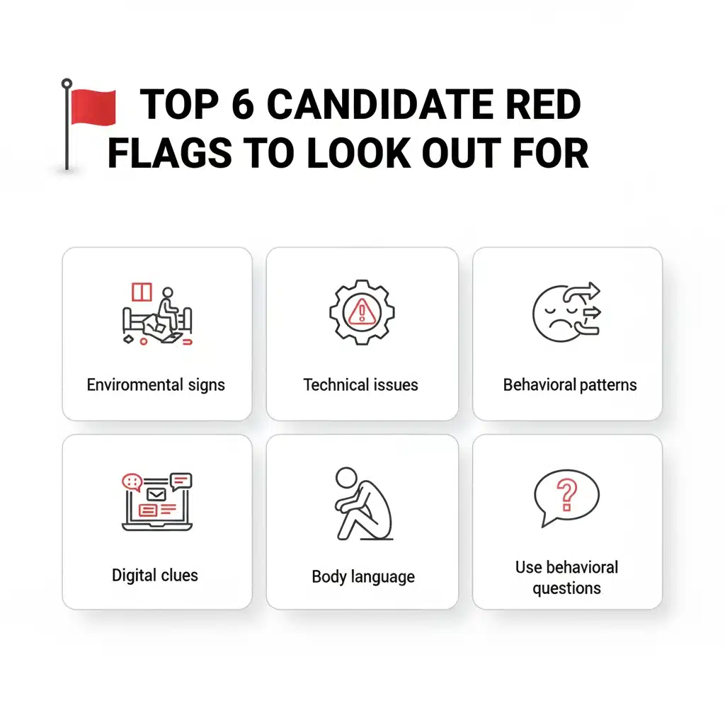 Top 6 candidate red flags: environmental signs, technical issues, behavioral patterns, digital clues, body language,