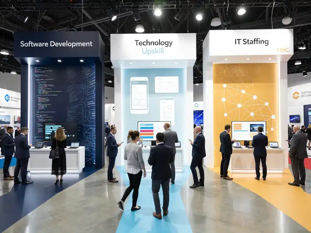 SynergisticIT booth at technology conference showcasing software development, technology upskill, and IT staffing services in