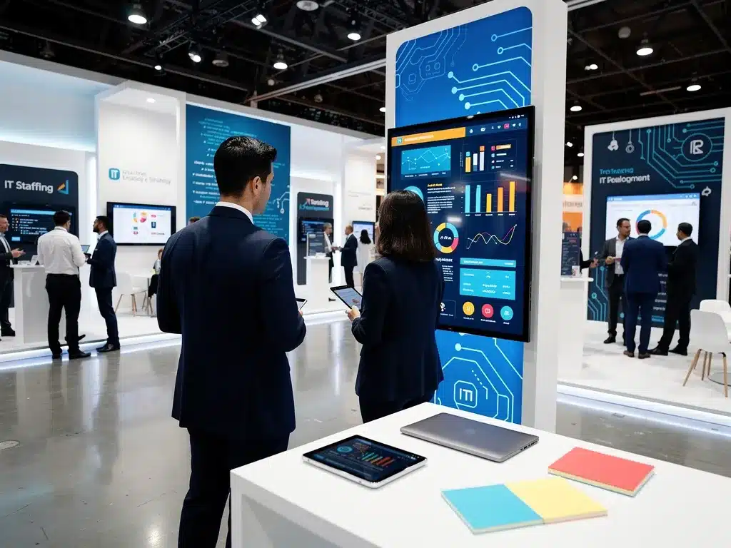 IT staffing and realignment trade show booth with digital displays and professionals reviewing data.