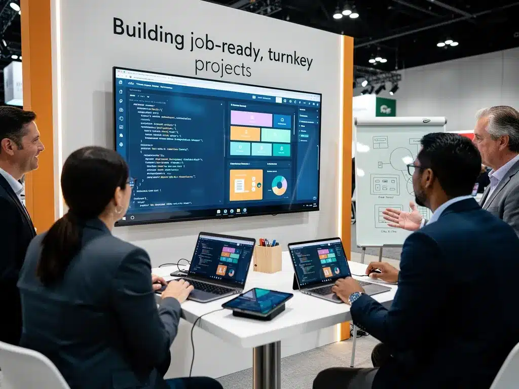 SynergisticIT job placement program: project-based training and software development display at a conference.