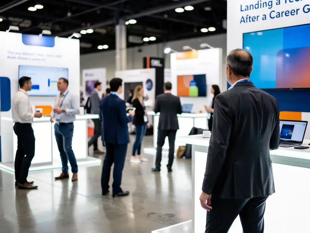 Man in suit at tech conference booth illustrating career reentry and job placement program.