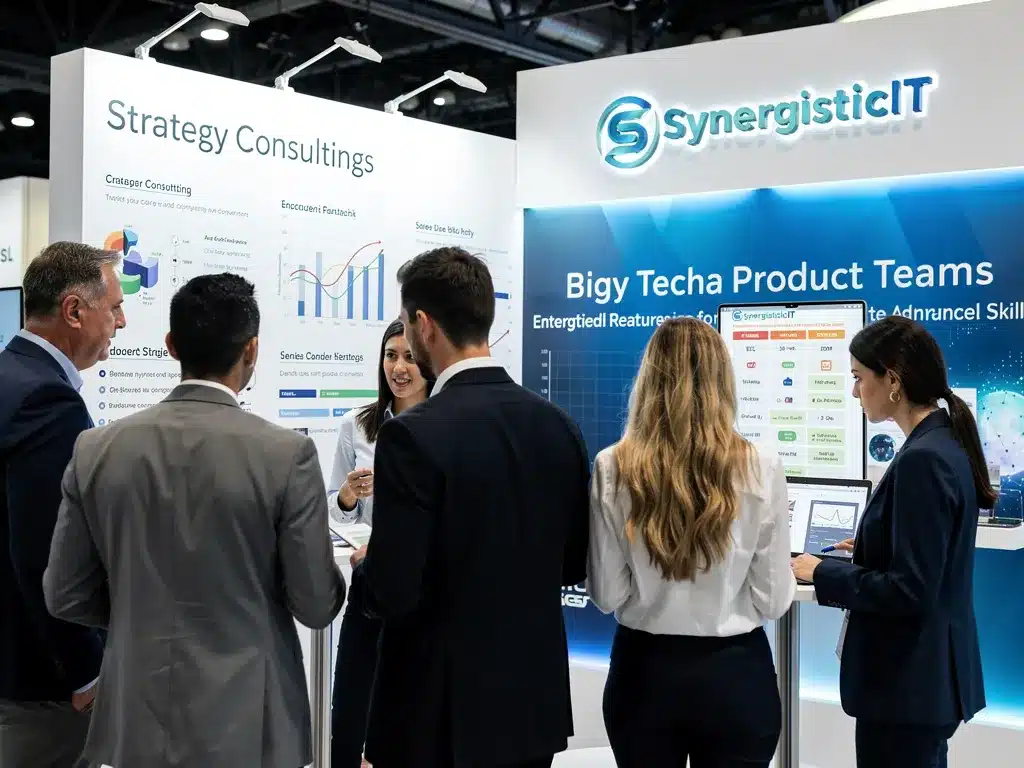 Software engineers collaborating on a product roadmap at a big tech office