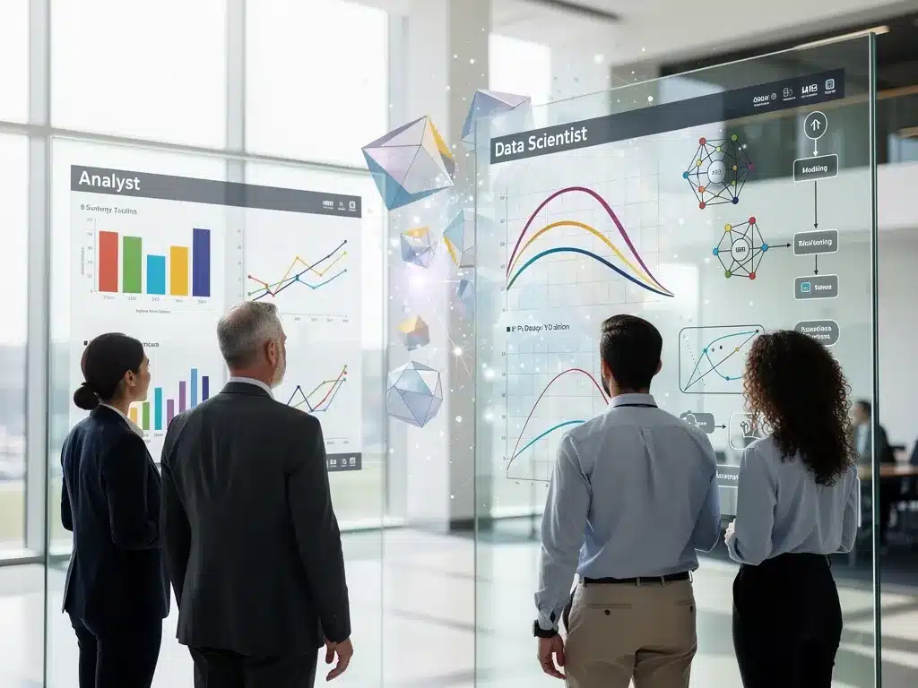 Data scientist building predictive models compared to an analyst's reporting work