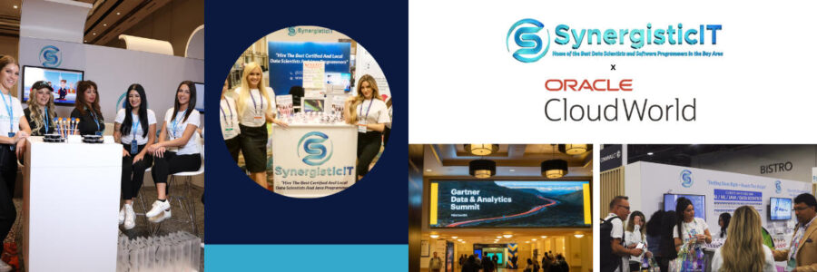 Women in professional attire at a tech event, showcasing SynergisticIT and Oracle products