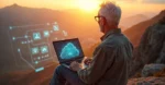 Man with laptop overlooking mountains, cloud computing platform and career advancement.
